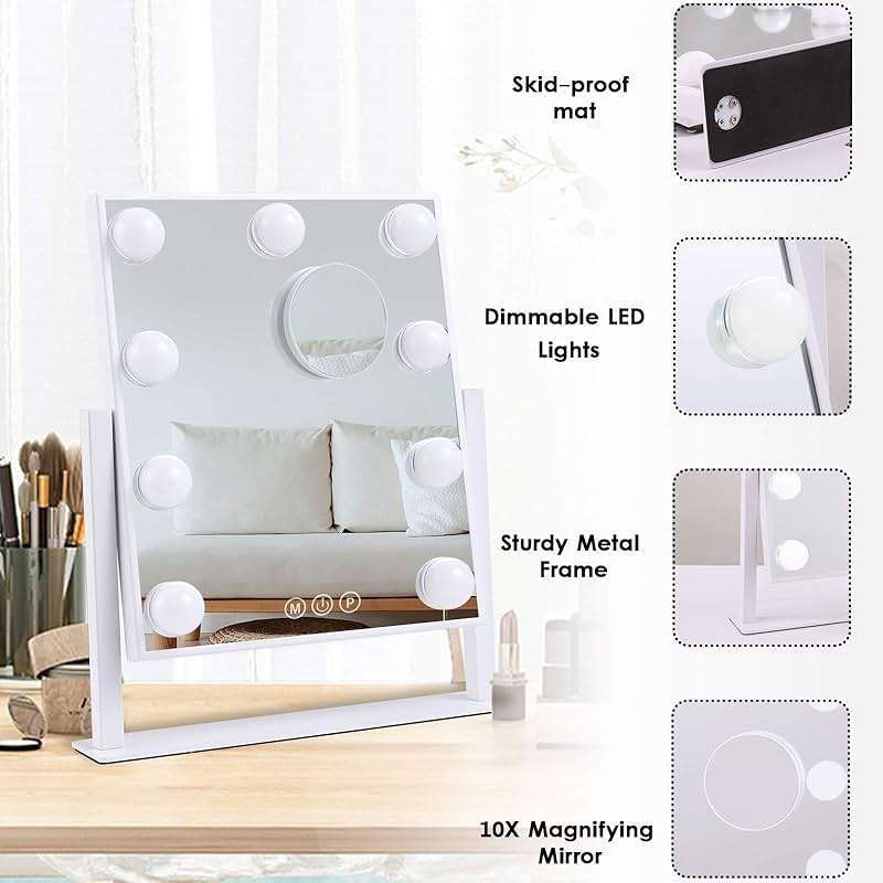 BWLLNI Lighted Makeup Mirror Hollywood Mirror Vanity Mirror with Lights, Touch Control Design 3 Colors Dimable LED Bulbs, Detachable 10X Magnification, 360°Rotation, (White) 12" L x 14" W - Image 4