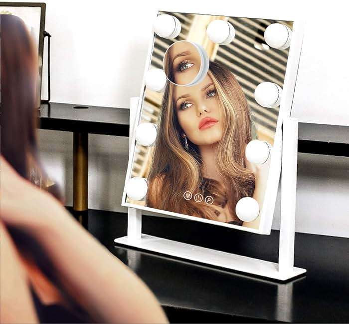 BWLLNI Lighted Makeup Mirror Hollywood Mirror Vanity Mirror with Lights, Touch Control Design 3 Colors Dimable LED Bulbs, Detachable 10X Magnification, 360°Rotation, (White) 12" L x 14" W - Image 5