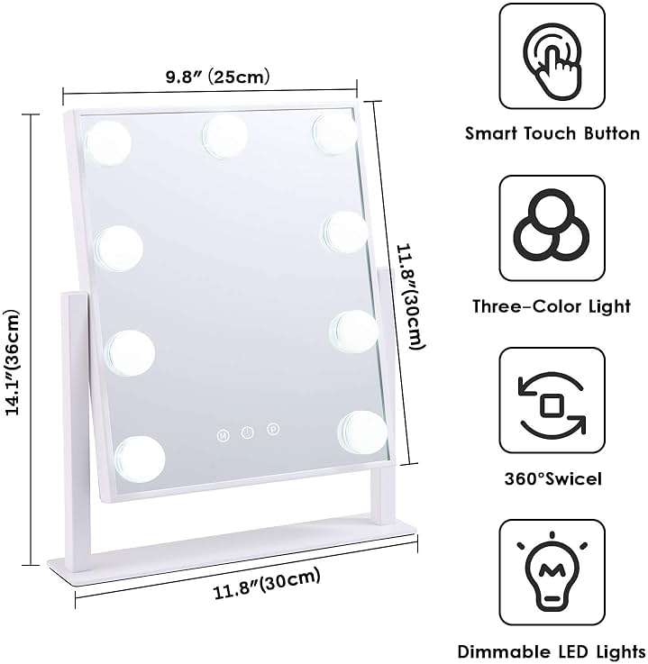 BWLLNI Lighted Makeup Mirror Hollywood Mirror Vanity Mirror with Lights, Touch Control Design 3 Colors Dimable LED Bulbs, Detachable 10X Magnification, 360°Rotation, (White) 12" L x 14" W - Image 7