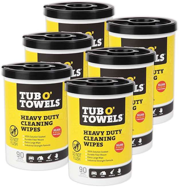 Tub O' Towels TW90 Heavy-Duty 10" x 12" Size Multi-Surface Cleaning Wipes, 90 Count Per Canister, 6 Pack - Image 1