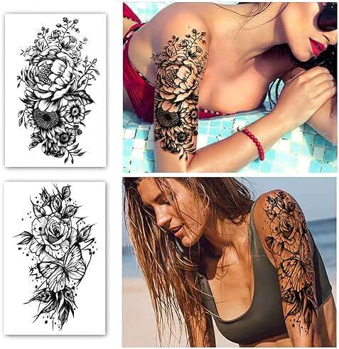 Temporary Tattoo Full Arm 8 Sheets and Half Arm Shoulder Waterproof Fake Tattoos 10 Sheets, Extra Large LastingTattoo Stickers for Girls or Women - Image 6