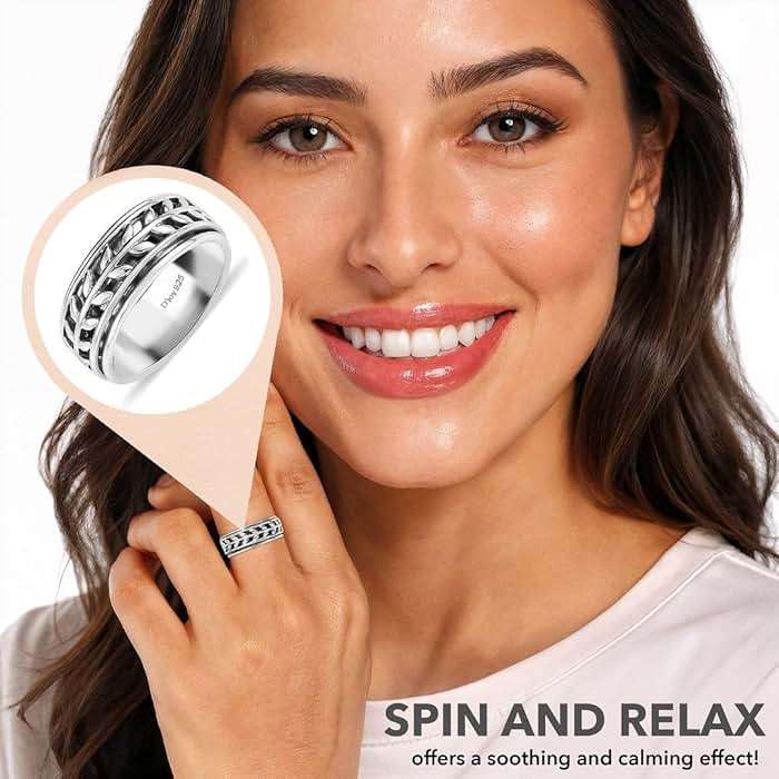Shop LC 925 Sterling Silver Spinner Fidget Ring for Women Men | Anxiety Ring | Moon Star Design | Platinum Plated | Stress Relief Worry | Promise | Boho Jewelry Gift - Image 5