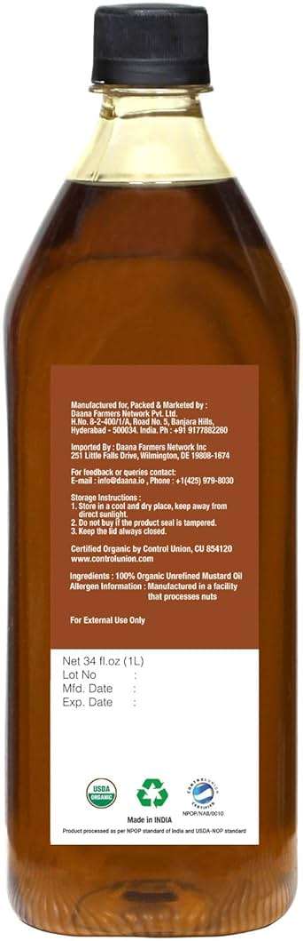 Daana Mustard Oil: CERTIFIED USDA ORGANIC, EXTRA VIRGIN, COLD PRESSED 34 Oz (Pack of 1) - Image 5