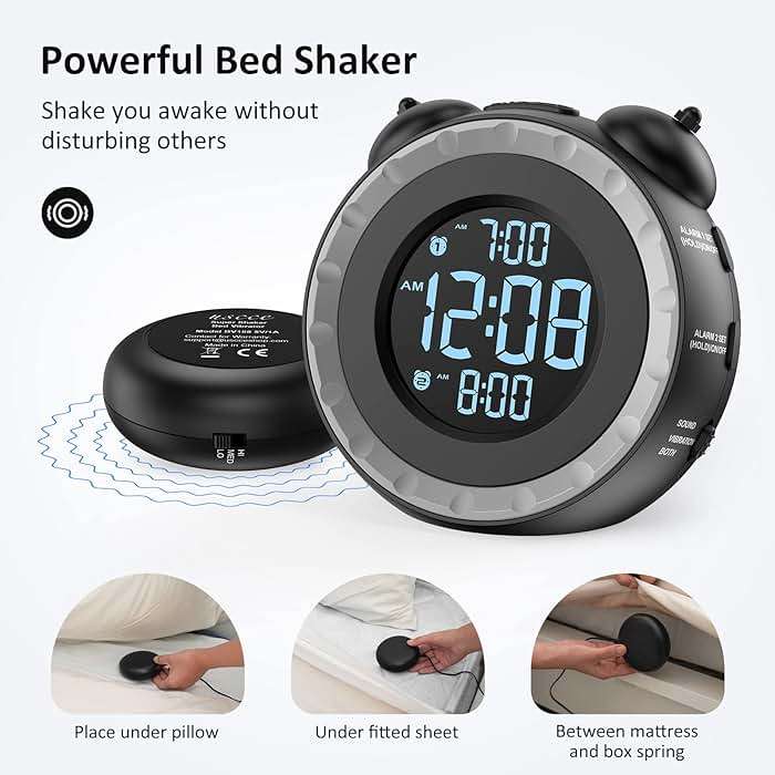 uscce Loud Dual Alarm Clock with Bed Shaker - 0-100% Dimmer, Vibrating Alarm Clock for Heavy Sleepers or Hearing Impaired, Easy to Set, USB Charging Port, Snooze, Battery Backup - Image 2