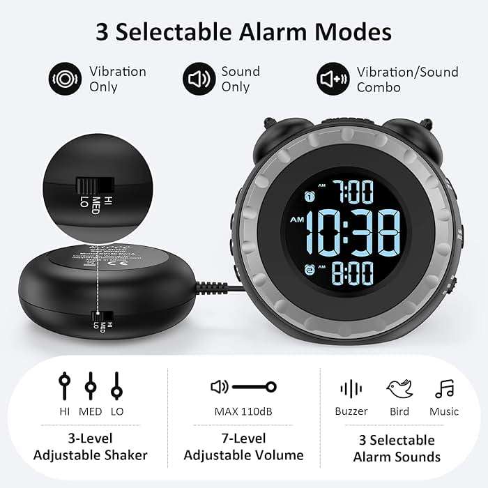 uscce Loud Dual Alarm Clock with Bed Shaker - 0-100% Dimmer, Vibrating Alarm Clock for Heavy Sleepers or Hearing Impaired, Easy to Set, USB Charging Port, Snooze, Battery Backup - Image 5