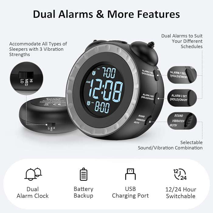 uscce Loud Dual Alarm Clock with Bed Shaker - 0-100% Dimmer, Vibrating Alarm Clock for Heavy Sleepers or Hearing Impaired, Easy to Set, USB Charging Port, Snooze, Battery Backup - Image 6