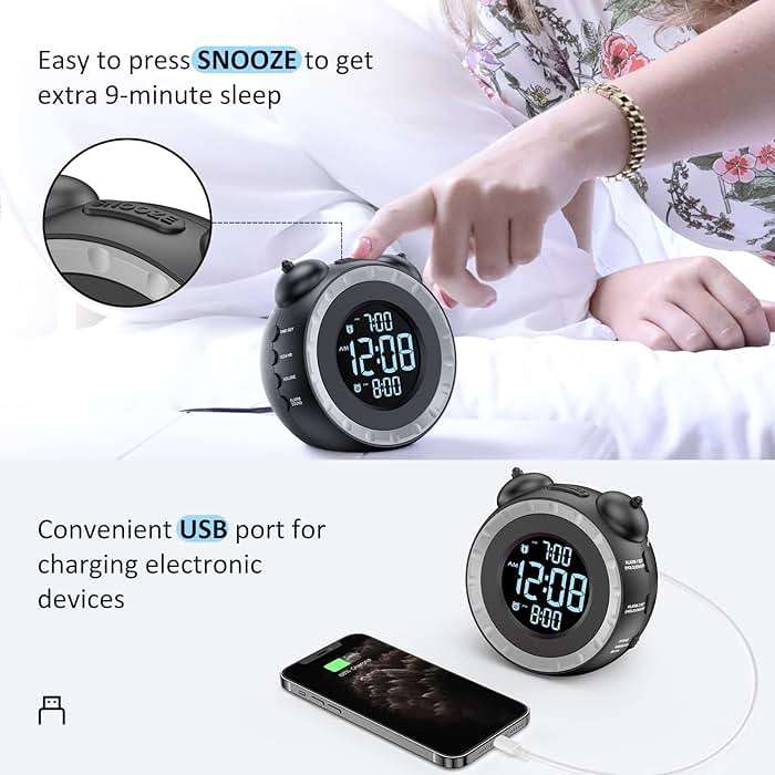 uscce Loud Dual Alarm Clock with Bed Shaker - 0-100% Dimmer, Vibrating Alarm Clock for Heavy Sleepers or Hearing Impaired, Easy to Set, USB Charging Port, Snooze, Battery Backup - Image 7