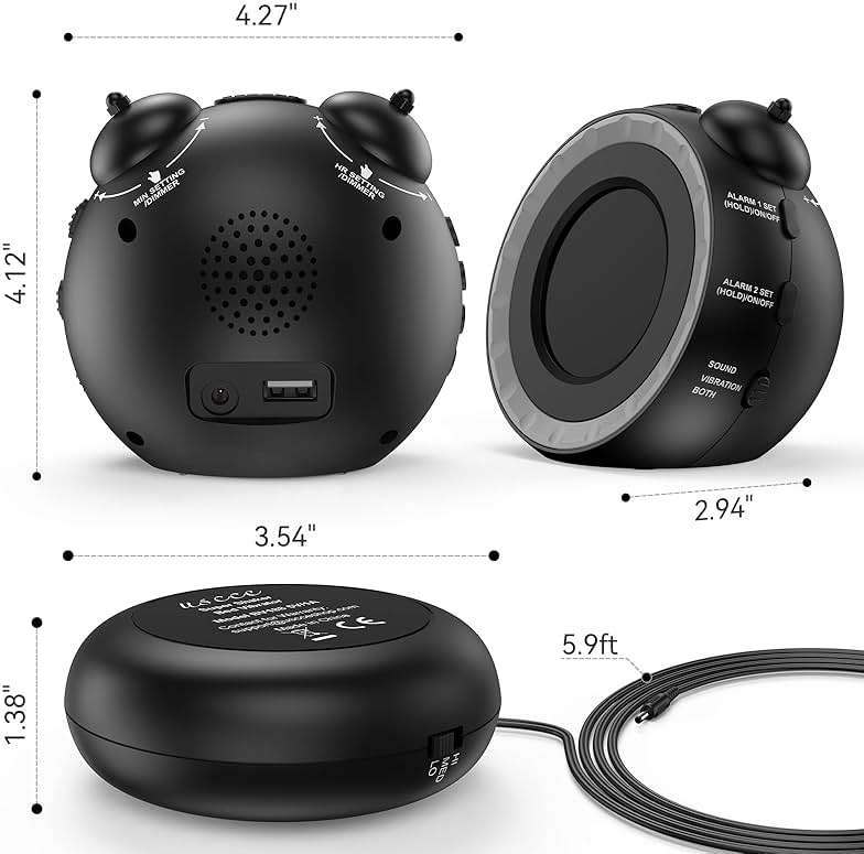 uscce Loud Dual Alarm Clock with Bed Shaker - 0-100% Dimmer, Vibrating Alarm Clock for Heavy Sleepers or Hearing Impaired, Easy to Set, USB Charging Port, Snooze, Battery Backup - Image 9