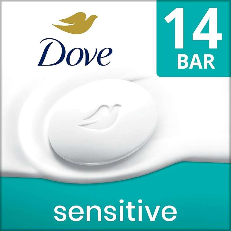Dove Beauty Bar More Moisturizing Than Bar Soap for Softer Skin, Fragrance-Free, Hypoallergenic, Sensitive Skin with Gentle Cleanser 3.75 oz 14 Bars - Image 1