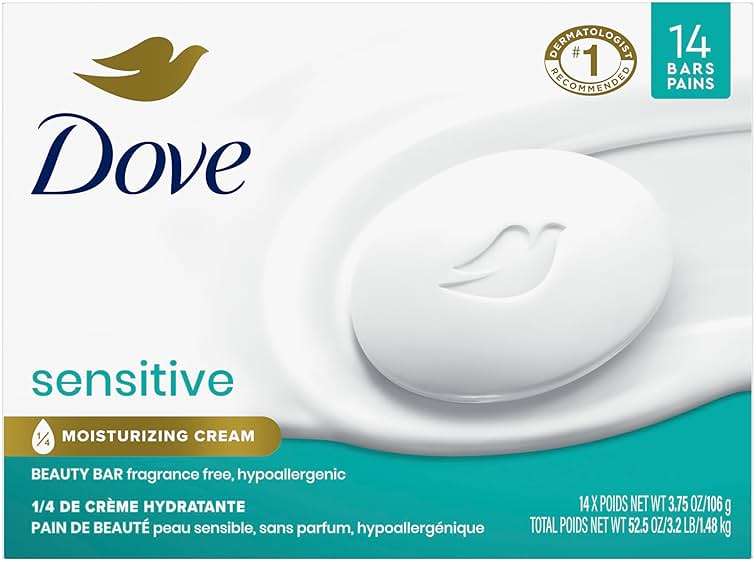 Dove Beauty Bar More Moisturizing Than Bar Soap for Softer Skin, Fragrance-Free, Hypoallergenic, Sensitive Skin with Gentle Cleanser 3.75 oz 14 Bars - Image 2