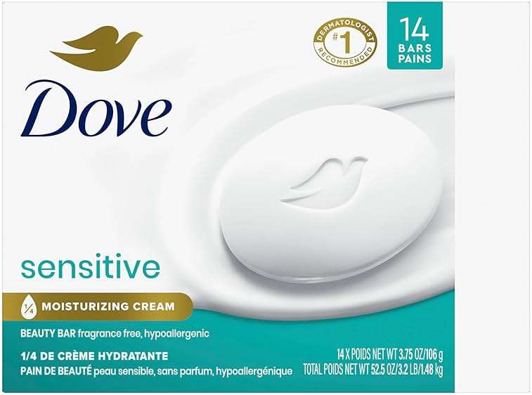 Dove Beauty Bar More Moisturizing Than Bar Soap for Softer Skin, Fragrance-Free, Hypoallergenic, Sensitive Skin with Gentle Cleanser 3.75 oz 14 Bars - Image 3