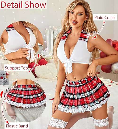 Avidlove Lingerie Set for Women Sexy Lace Two Piece Lingerie Outfits with Tie Top and Mini Pleated Skirt Set - Image 6