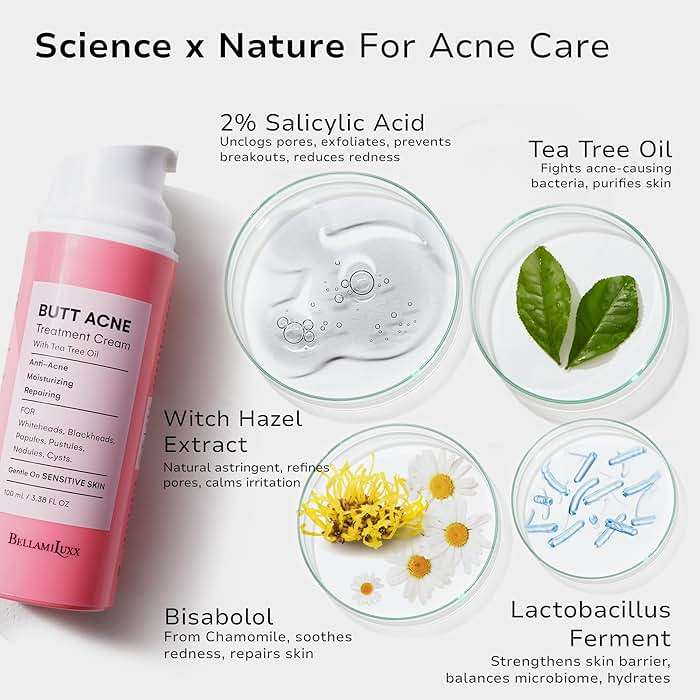BellamiLuxx Butt Acne Clearing Treatment Cream: Body Acne Treatment for Folliculitis and Pimples on Buttocks, Thighs, and Body with 2% Salicylic Acid & Tea Tree Oil - Butt Cream for Smooth Skin - Image 3