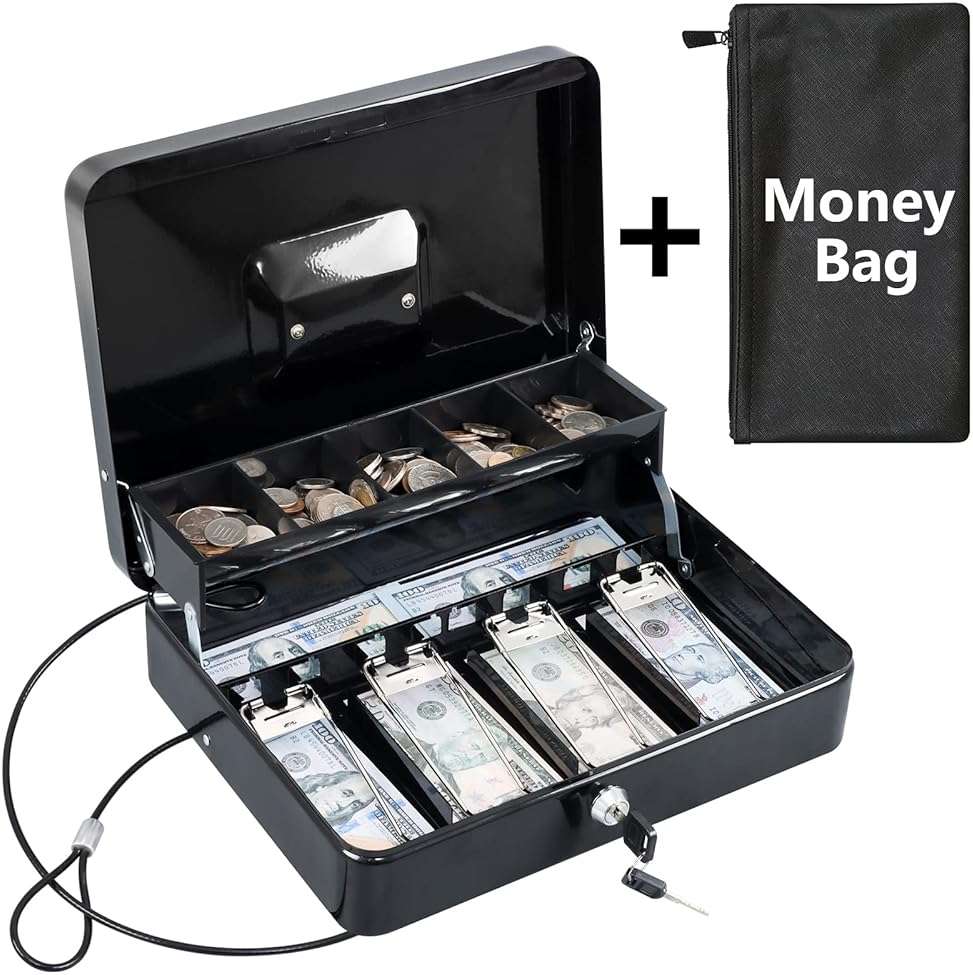 KYODOLED Cash Box with Key Lock, Anti-Theft Cable & Waterproof Pouch–0.7mm Thick Metal Money Box for Flea Market & Small Business, Portable Cash Drawer with Auto-Pop Coin Tray & Windproof Bill Clips - Image 1
