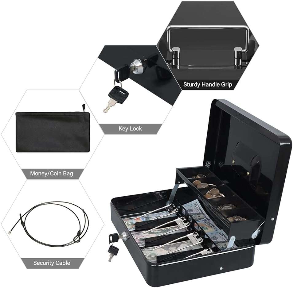 KYODOLED Cash Box with Key Lock, Anti-Theft Cable & Waterproof Pouch–0.7mm Thick Metal Money Box for Flea Market & Small Business, Portable Cash Drawer with Auto-Pop Coin Tray & Windproof Bill Clips - Image 3