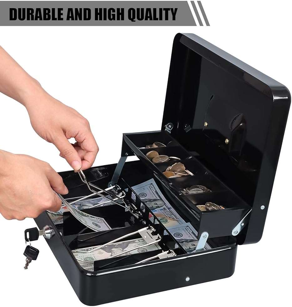 KYODOLED Cash Box with Key Lock, Anti-Theft Cable & Waterproof Pouch–0.7mm Thick Metal Money Box for Flea Market & Small Business, Portable Cash Drawer with Auto-Pop Coin Tray & Windproof Bill Clips - Image 6