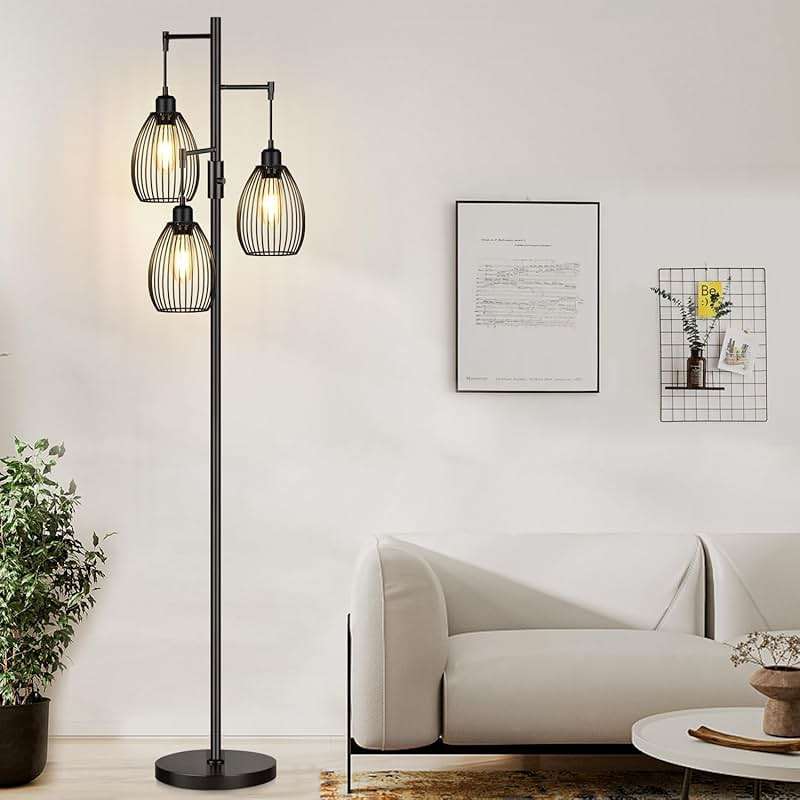 Dimmable Floor Lamp, 3 x 800LM LED Edison Bulbs Included, Farmhouse Industrial Floor Lamp Standing Tree Lamp with Elegant Teardrop Cage Tall Lamps for Living Room Bedroom Office Dining Room-Black - Image 1