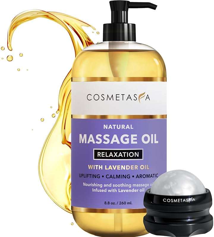 Cosmetasa Lavender Massage Oil for Massage Therapy with Roller - All Natural, Cruelty-Free & Spa Quality Skin Therapy Oil & Soothing Care - Lavender, Geranium & Grapeseed Oil (8.8 oz) - Image 1