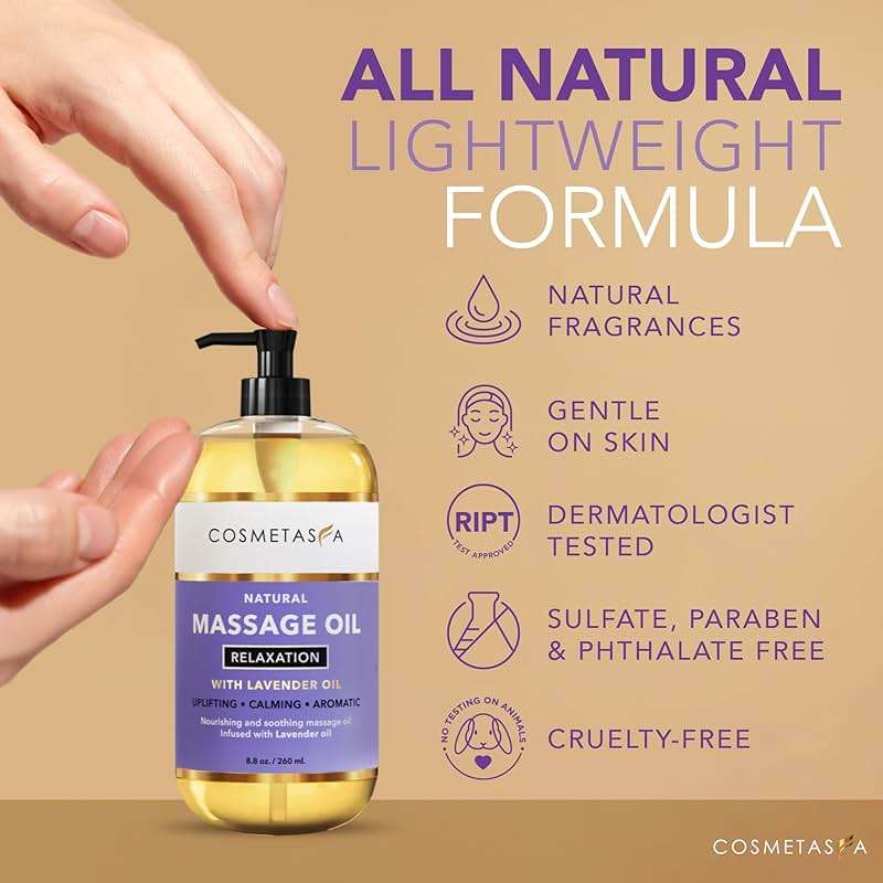 Cosmetasa Lavender Massage Oil for Massage Therapy with Roller - All Natural, Cruelty-Free & Spa Quality Skin Therapy Oil & Soothing Care - Lavender, Geranium & Grapeseed Oil (8.8 oz) - Image 4