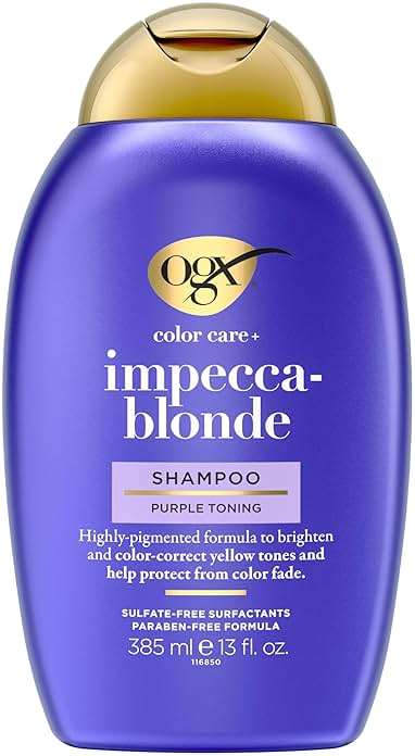 OGX Color Care + Impecca-Blonde Purple Shampoo, Highly-Pigmented Toning Shampoo for Blonde, Silver, & Lightened Hair, Hair Wash to Correct Yellow Tones & Protect from Color Fade, 13 fl. oz - Image 3