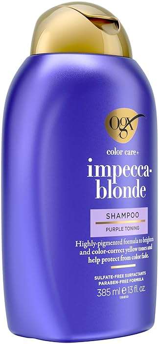 OGX Color Care + Impecca-Blonde Purple Shampoo, Highly-Pigmented Toning Shampoo for Blonde, Silver, & Lightened Hair, Hair Wash to Correct Yellow Tones & Protect from Color Fade, 13 fl. oz - Image 4