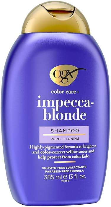 OGX Color Care + Impecca-Blonde Purple Shampoo, Highly-Pigmented Toning Shampoo for Blonde, Silver, & Lightened Hair, Hair Wash to Correct Yellow Tones & Protect from Color Fade, 13 fl. oz - Image 7