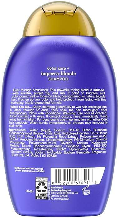 OGX Color Care + Impecca-Blonde Purple Shampoo, Highly-Pigmented Toning Shampoo for Blonde, Silver, & Lightened Hair, Hair Wash to Correct Yellow Tones & Protect from Color Fade, 13 fl. oz - Image 9