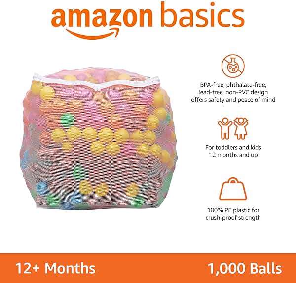 Amazon Basics BPA Free Ball Pit Balls with Storage Bag, Crush-Proof Plastic for Toddlers Kids 12+ Months Play, 6 Bright Colors, Pack of 1000 - Image 3