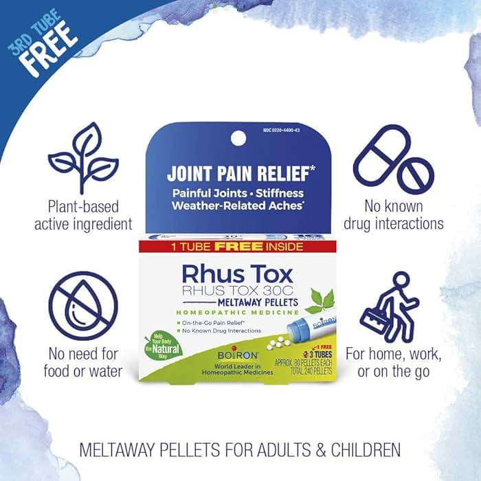 Boiron Rhus Tox 30C Homeopathic Medicine for Relief from Joint Pain, Muscle Aches, Swollen or Stiff Joints, and Weather Related Aches - 3 Count (240 Pellets) - Image 3