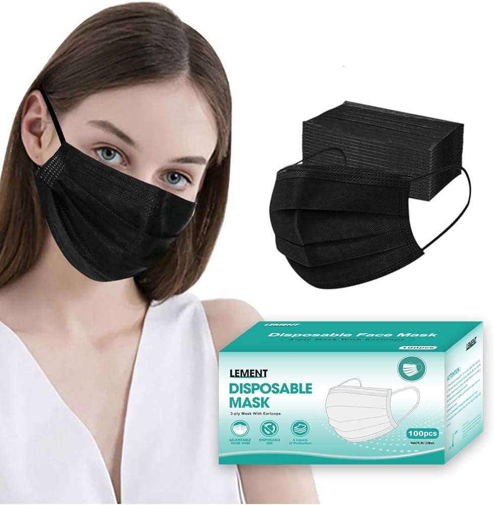 LEMENT 100 Pcs Disposable Face Masks, 3 Ply Face Masks Black Disposable Mask, (Disposable face mask) - Image 1