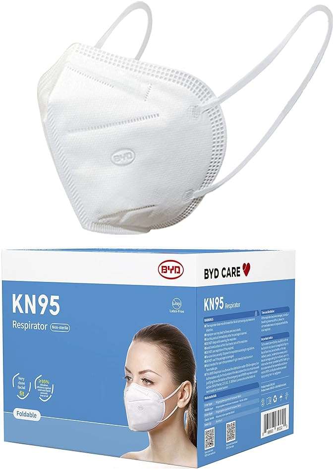 BYD CARE KN95 Respirator, 50 Pieces, Breathable & Comfortable Foldable Safety Mask with Ear Loop for Tight Fit, GB2626 White , Regular - Image 1