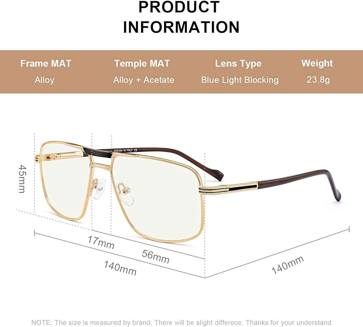 RB.Pilot Reading Glasses for Men Square Double Bridge Blue Light Blocking Computer Readers - Image 4