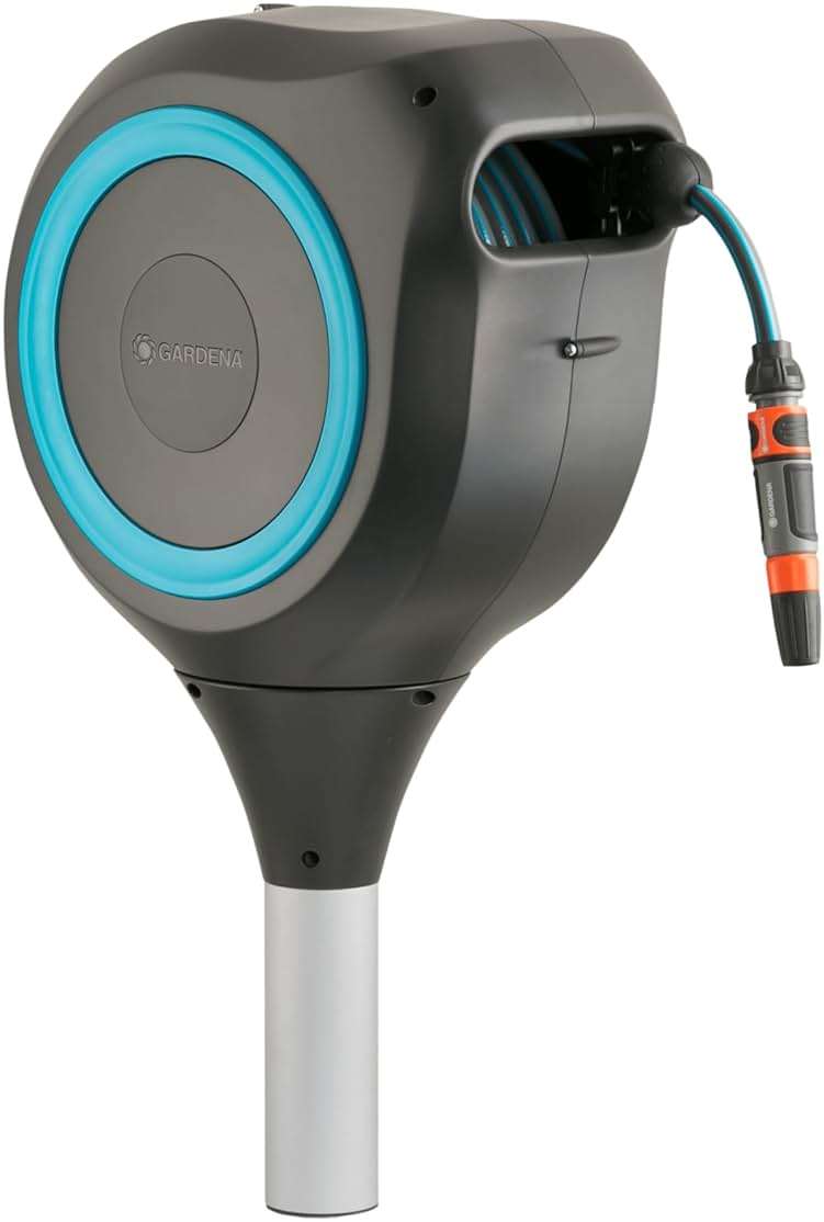 GARDENA Automatic Retractable Garden Hose Reel - 66 Feet - 360 Degree Swivel Outdoor Hose Reel with Metal Spike Base - Auto Retract - UV Resistant Housing - Easy Install No Tools Required - 18614 - Image 1