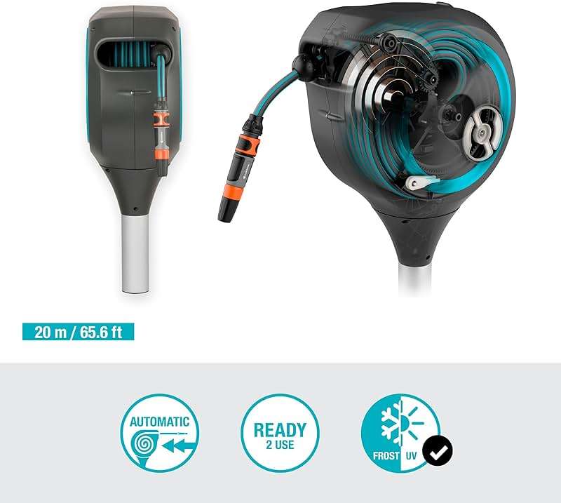 GARDENA Automatic Retractable Garden Hose Reel - 66 Feet - 360 Degree Swivel Outdoor Hose Reel with Metal Spike Base - Auto Retract - UV Resistant Housing - Easy Install No Tools Required - 18614 - Image 5