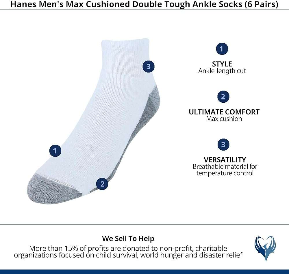 Hanes Men's Crew Socks Pack, 8 Pairs, Max Cushion Moisture-wicking Ankle Socks for Men, Cushioned Ankle Length - Image 4