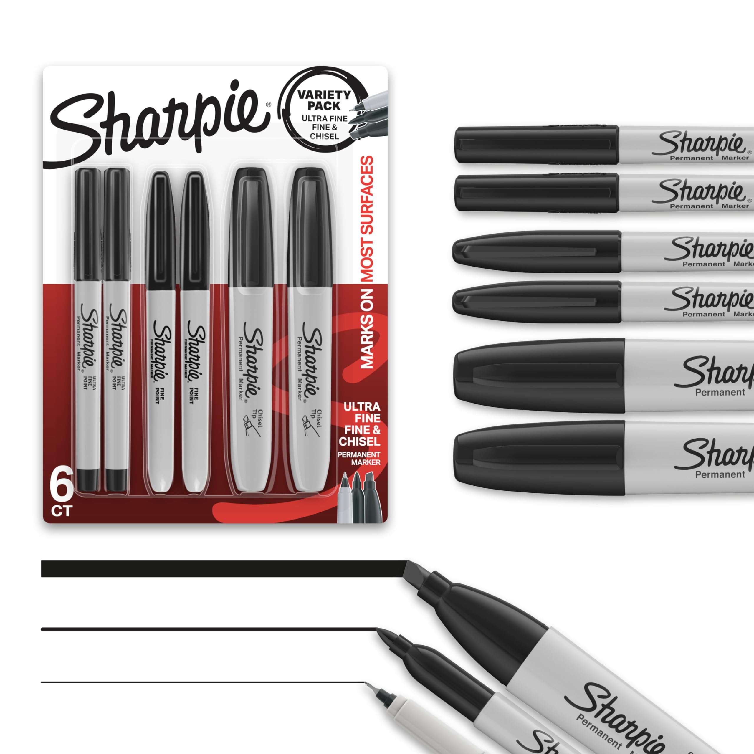 Sharpie Permanent Markers Variety Pack, Includes Chisel, Fine, and Ultra-Fine Tips, Black, 6 Count - Poster, Office, School Supplies - Image 1