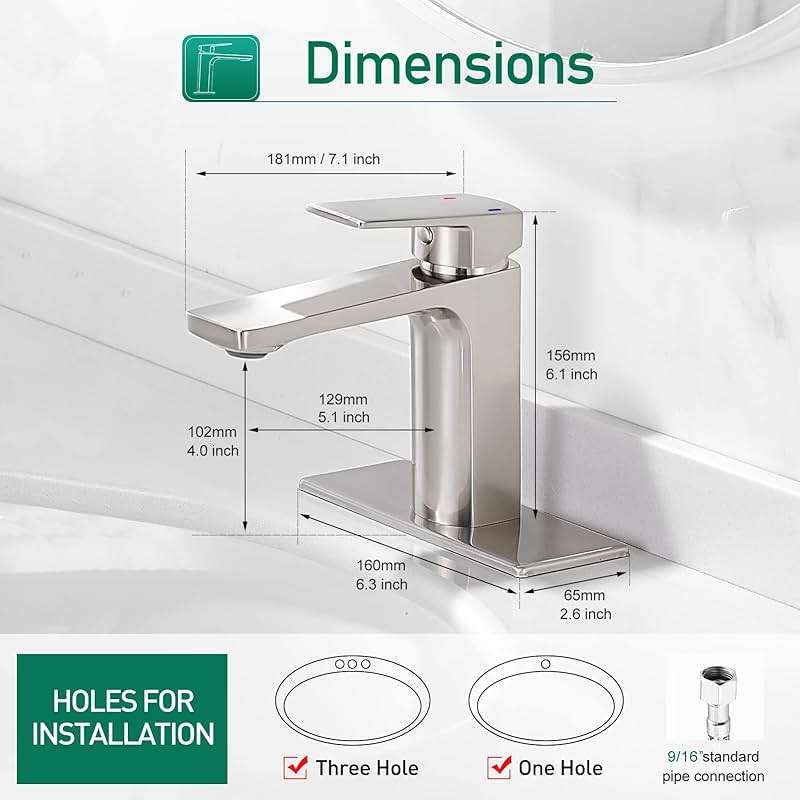 VOTON Bathroom Faucet Brushed Nickel Single Handle Bathroom Faucet 1 or 3 Hole Bathroom Sink Faucet with Deck Plate RV Bathroom Faucet 1.2 GPM - Image 2