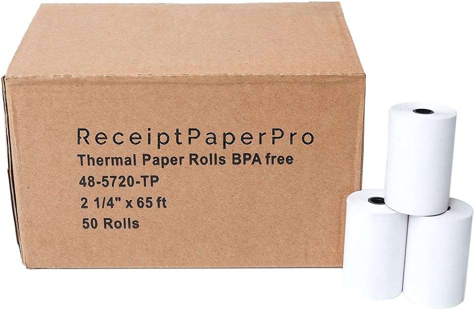 ReceiptPaperPro 2 1/4” x 65 ft Thermal Receipt Paper Rolls, fits Ingenico Desk 3500 Desk 5000 Move 5000 Verifone t650 Pax a920, 50 Rolls/Case - Image 1