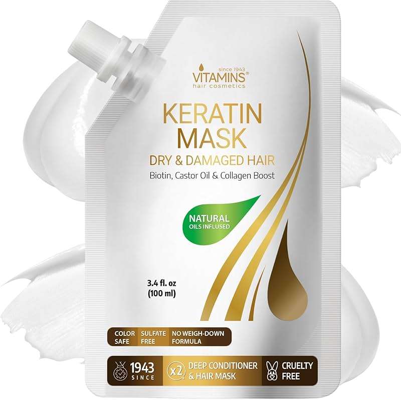 VITAMINS hair cosmetics Keratin Hair Mask - Protein Repair Keratin Treatment - Deep Conditioner for Dry, Damaged, Curly, Straight & Frizzy Hair with Biotin, Collagen & Castor Oil - 3.4 Fl Oz - Image 1