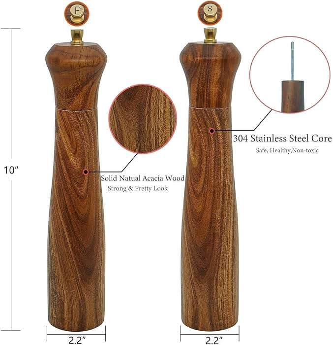 Wooden Salt and Pepper Grinder Set,Manual Salt and Pepper Mill,Acacia wood Salt Grinder Refillable,Pepper Mill with Adjustable Coarseness,Salt and Pepper Shakers Tableware Gifts 10" 2PCS - Image 3