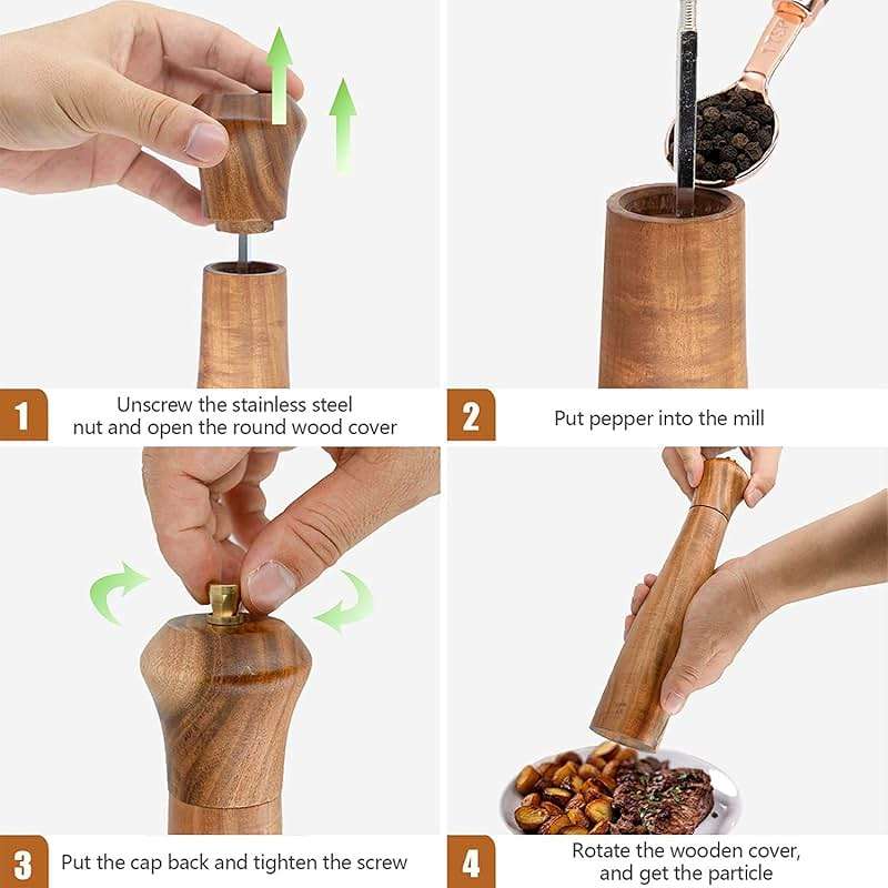 Wooden Salt and Pepper Grinder Set,Manual Salt and Pepper Mill,Acacia wood Salt Grinder Refillable,Pepper Mill with Adjustable Coarseness,Salt and Pepper Shakers Tableware Gifts 10" 2PCS - Image 4
