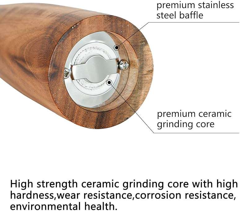 Wooden Salt and Pepper Grinder Set,Manual Salt and Pepper Mill,Acacia wood Salt Grinder Refillable,Pepper Mill with Adjustable Coarseness,Salt and Pepper Shakers Tableware Gifts 10" 2PCS - Image 5