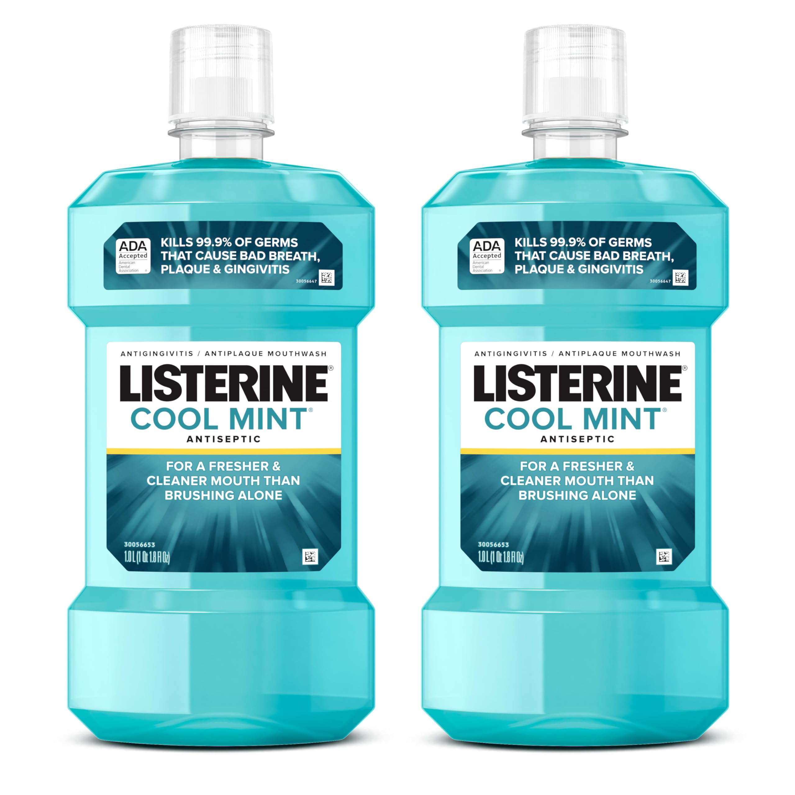 Listerine Mouthwash Cool Mint Antiseptic Treatment for Adults Kills 99.9% of Germs that Cause Bad Breath Plaque Gingivitis in a Daily Intense Mint Mouthwash, 2 Pack of 33.8 fl oz/1 L - Image 1