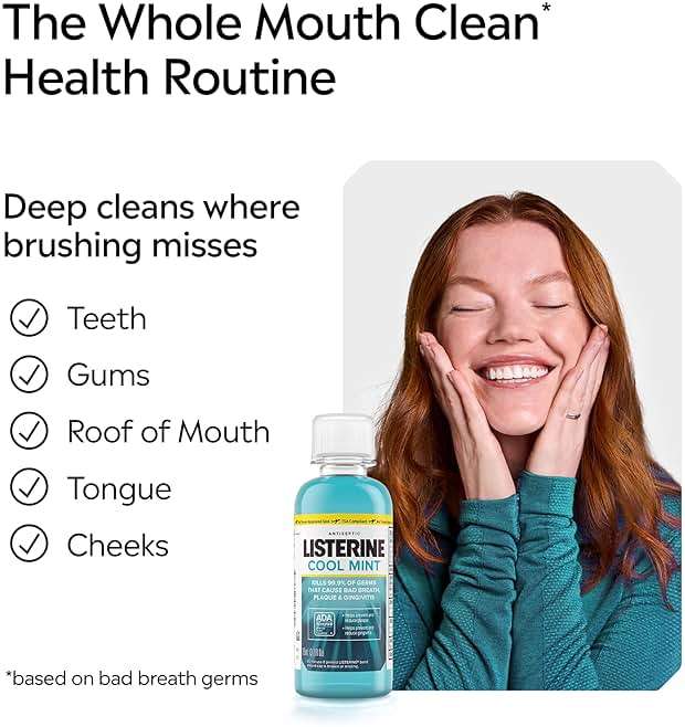 Listerine Mouthwash Cool Mint Antiseptic Treatment for Adults Kills 99.9% of Germs that Cause Bad Breath Plaque Gingivitis in a Daily Intense Mint Mouthwash, 2 Pack of 33.8 fl oz/1 L - Image 4
