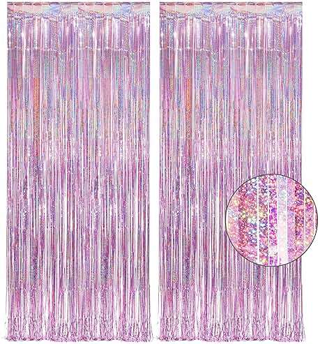 Pink Tinsel Curtain Party Backdrop - GREATRIL Foil Fringe Curtain Lilac Pink Party Streamers for Birthday Girl Themed Party Decorations - 2 Packs - Image 1