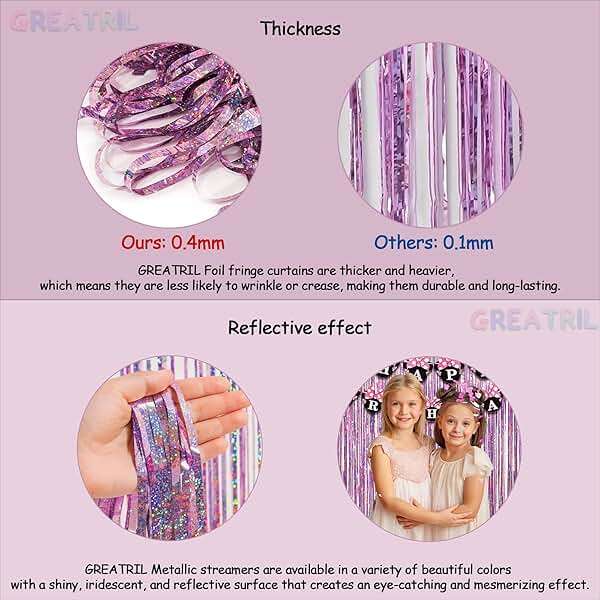 Pink Tinsel Curtain Party Backdrop - GREATRIL Foil Fringe Curtain Lilac Pink Party Streamers for Birthday Girl Themed Party Decorations - 2 Packs - Image 3