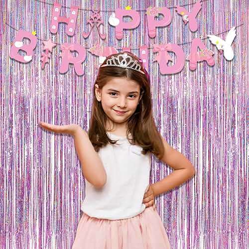 Pink Tinsel Curtain Party Backdrop - GREATRIL Foil Fringe Curtain Lilac Pink Party Streamers for Birthday Girl Themed Party Decorations - 2 Packs - Image 8
