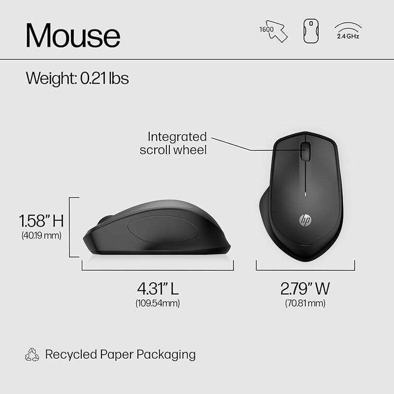 HP 280 Silent Wireless Mouse - Ergonomic, Right-Handed Design - 2.4GHz USB Wireless Connection - Multi-Surface Technology, 1600 DPI Optical Sensor - Win, Chrome, Mac OS - Up to 18-Month Battery Life - Image 8