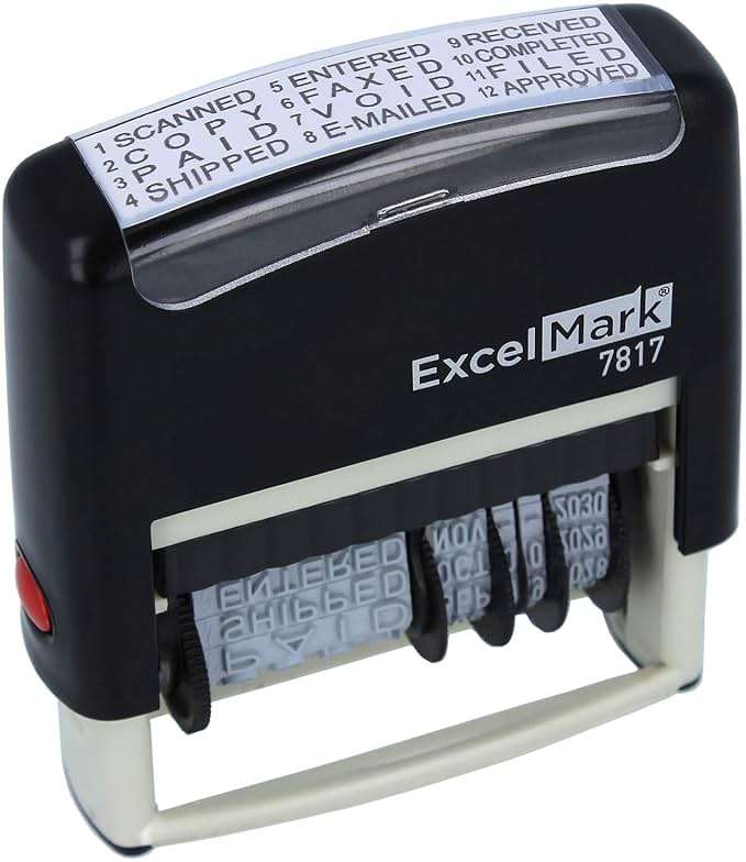 ExcelMark 12 Phrase Self-Inking Date Stamp - 2" x 1/4" Impression - Black Ink (7817) - Image 1