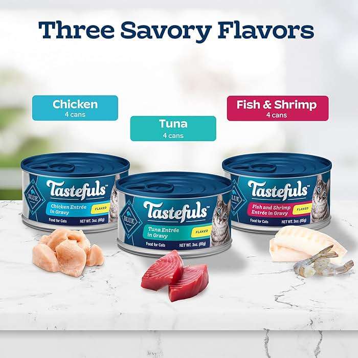 Blue Buffalo Tastefuls Flaked Adult Wet Cat Food Variety Pack (Tuna, Chicken, Fish & Shrimp), Natural Ingredients Enhanced with Vitamins, Minerals & Other Nutrients, 3-oz. Each (12 Cans) - Image 4